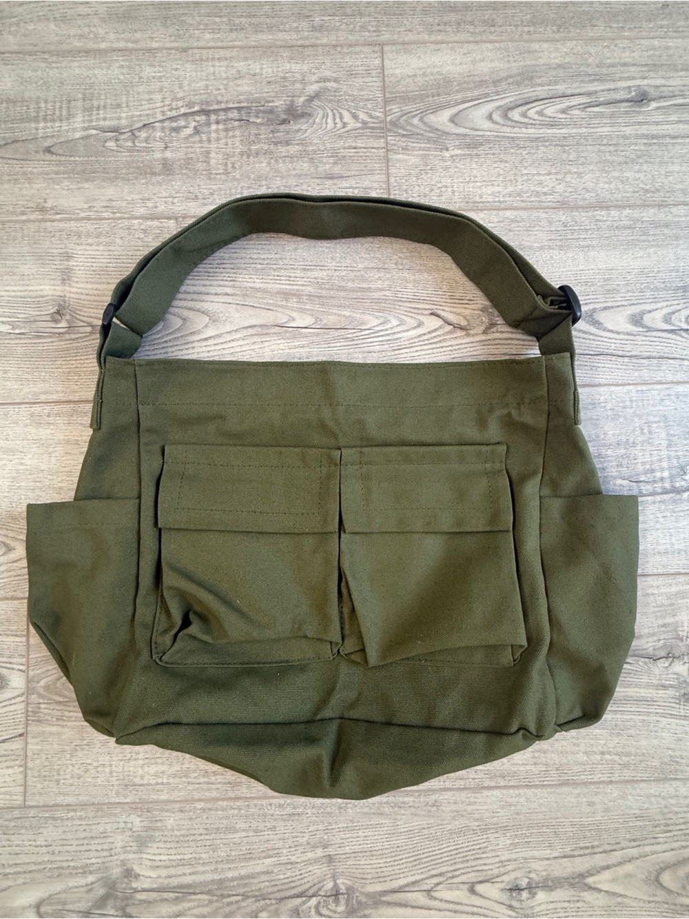 Olive Green Canvas Messenger Bag with Front Utility Pockets